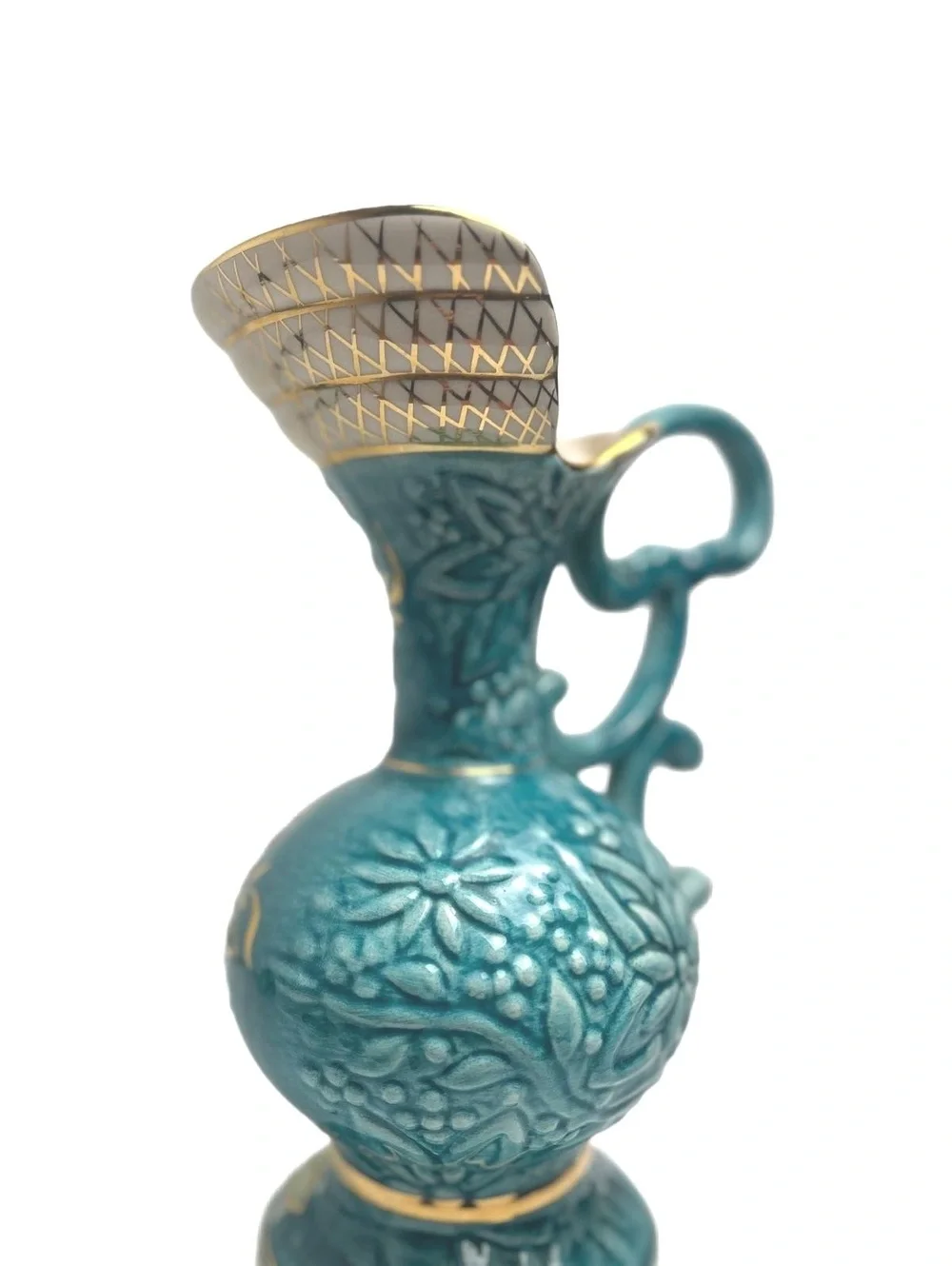 Vintage H Bequet Quaregnon Decorative Floral Pitcher Vase with Gold Accents
